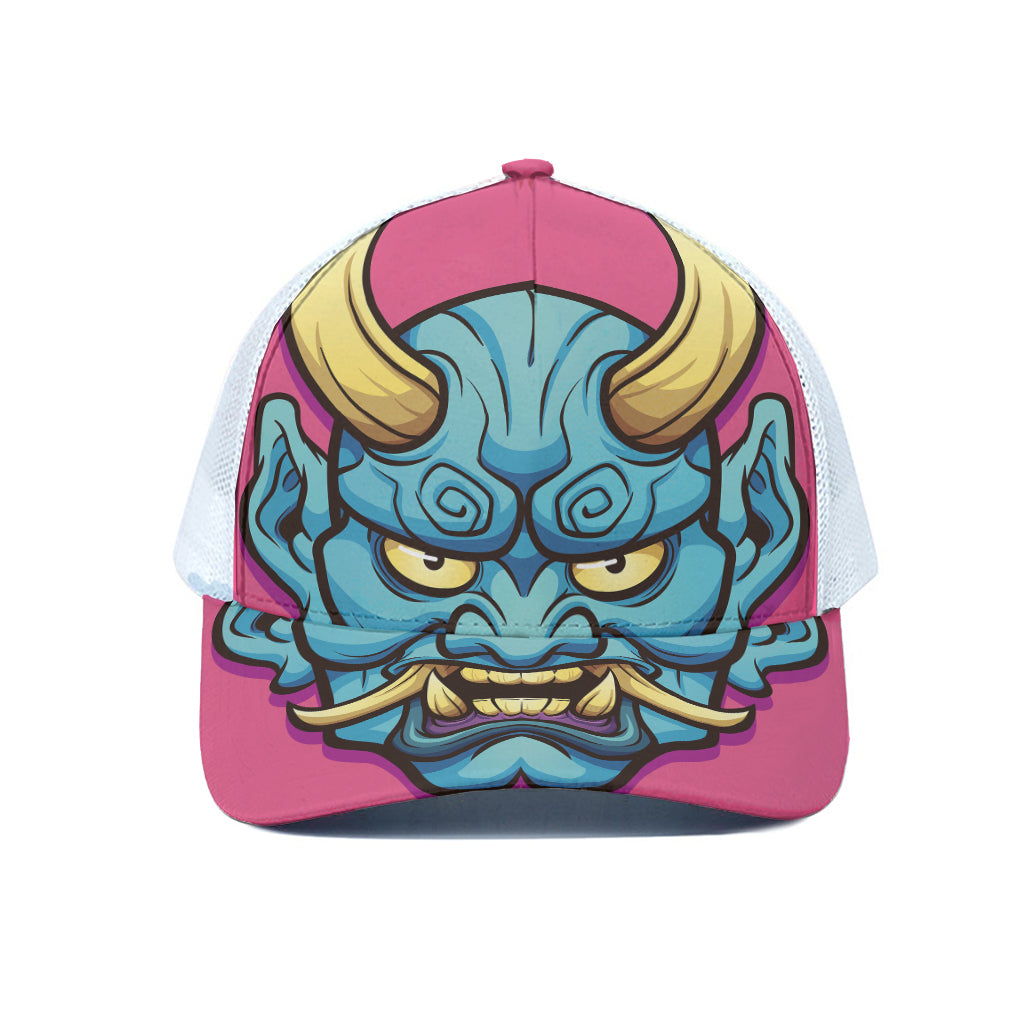 Blue Japanese Demon Print White Mesh Trucker Cap