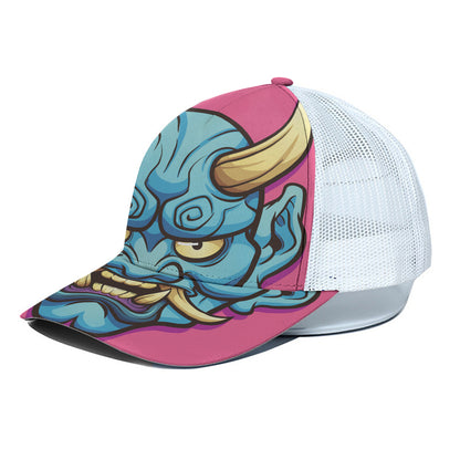 Blue Japanese Demon Print White Mesh Trucker Cap
