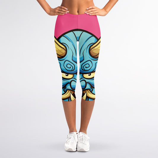 Blue Japanese Demon Print Women's Capri Leggings