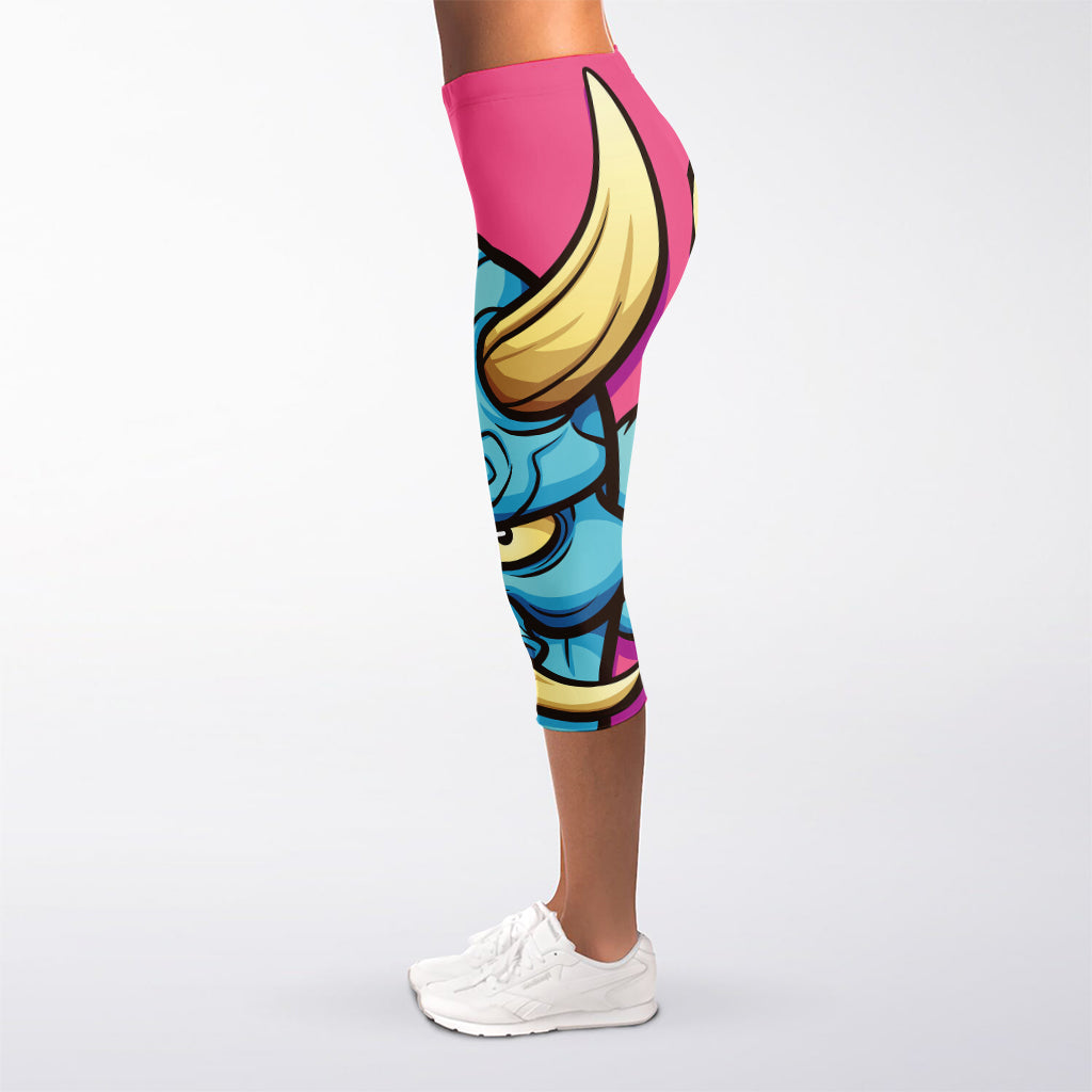 Blue Japanese Demon Print Women's Capri Leggings