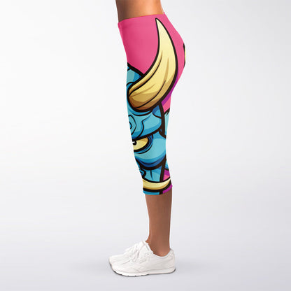 Blue Japanese Demon Print Women's Capri Leggings