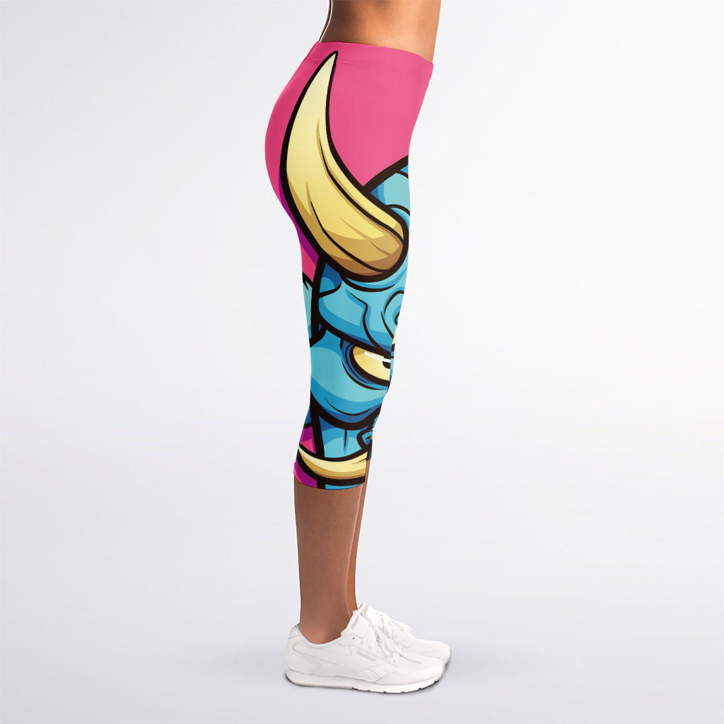 Blue Japanese Demon Print Women's Capri Leggings