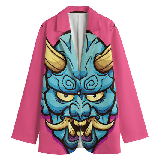 Blue Japanese Demon Print Women's Cotton Blazer