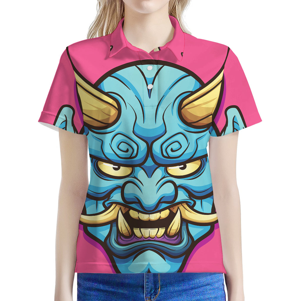Blue Japanese Demon Print Women's Polo Shirt
