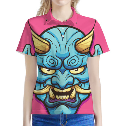 Blue Japanese Demon Print Women's Polo Shirt
