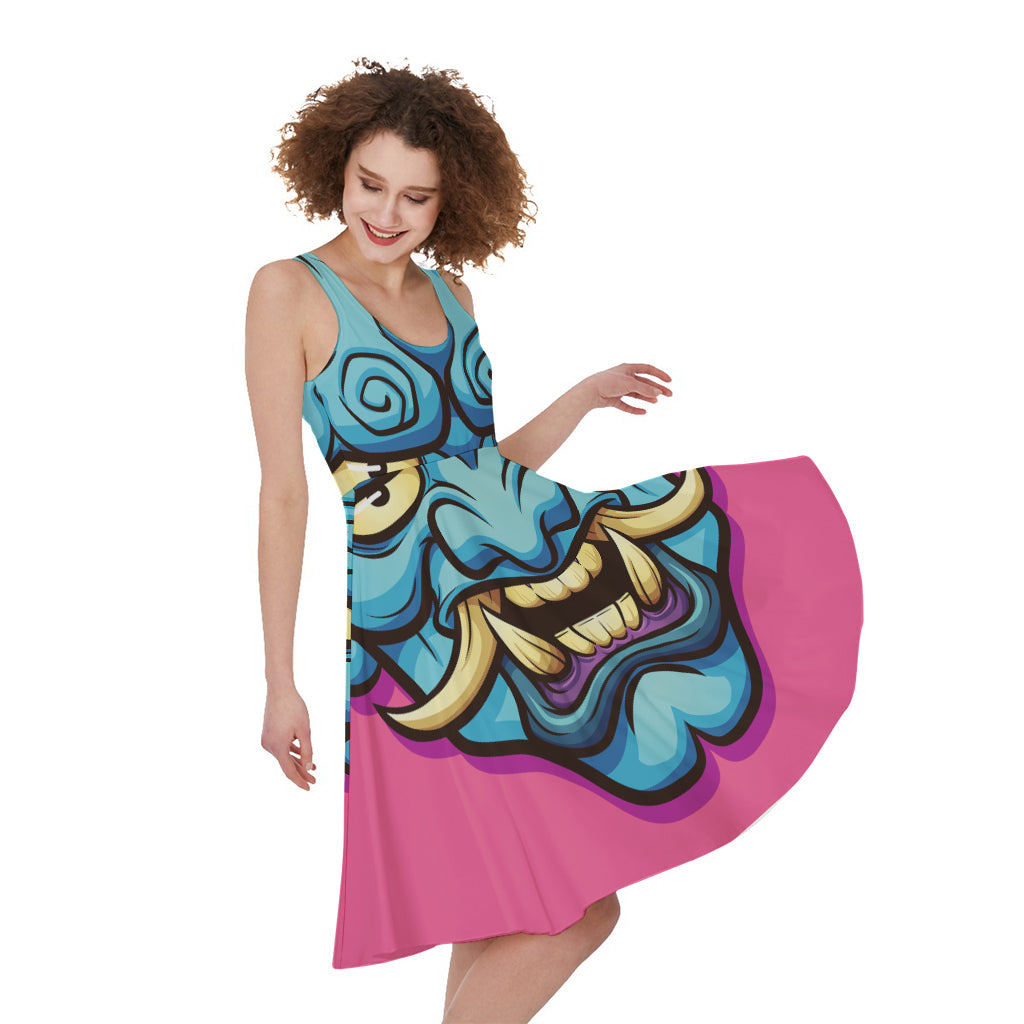 Blue Japanese Demon Print Women's Sleeveless Dress