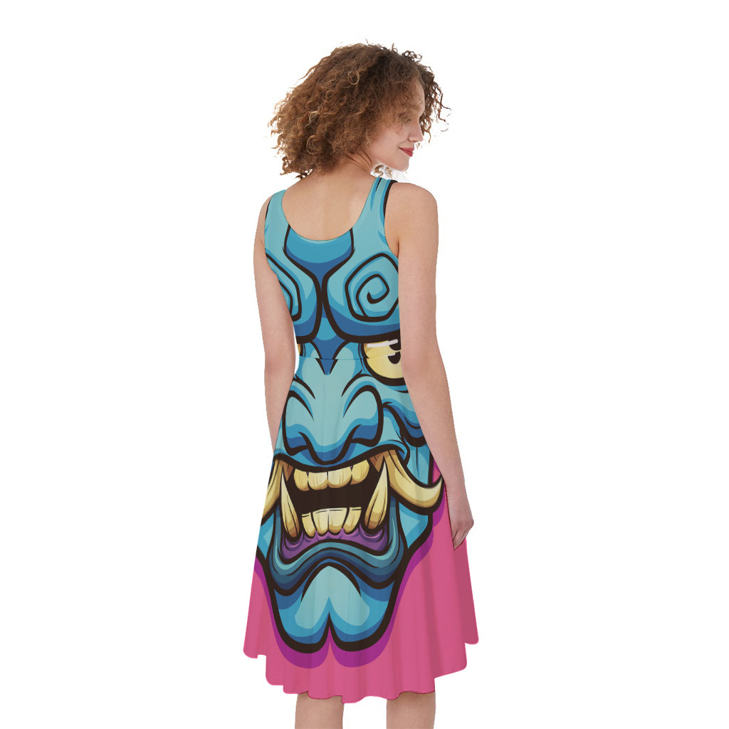 Blue Japanese Demon Print Women's Sleeveless Dress