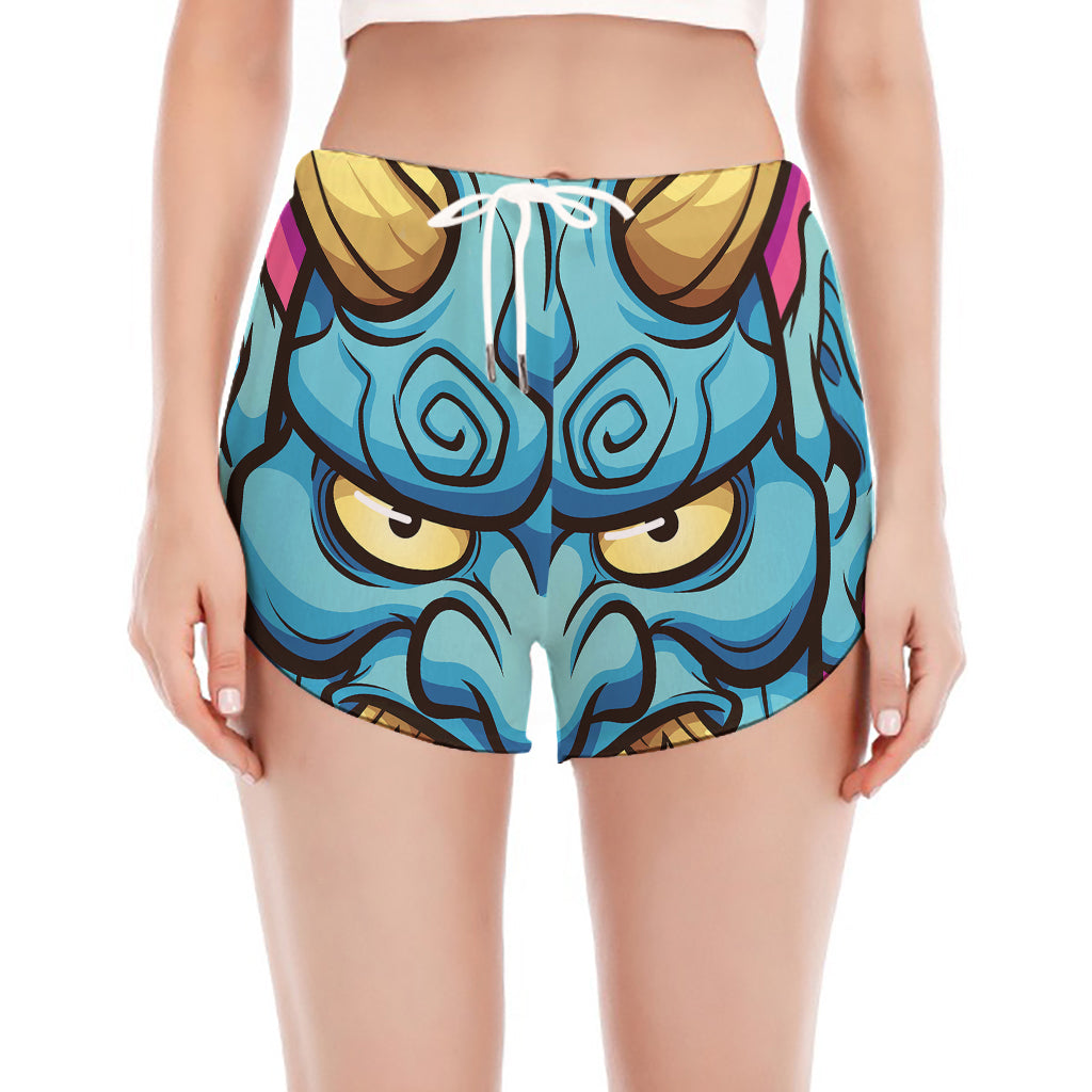 Blue Japanese Demon Print Women's Split Running Shorts