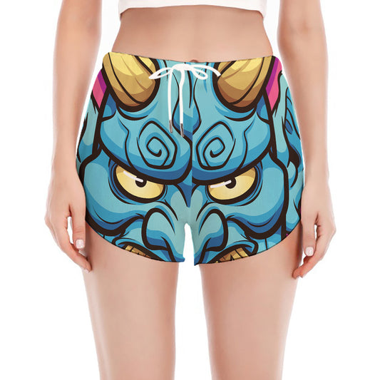 Blue Japanese Demon Print Women's Split Running Shorts