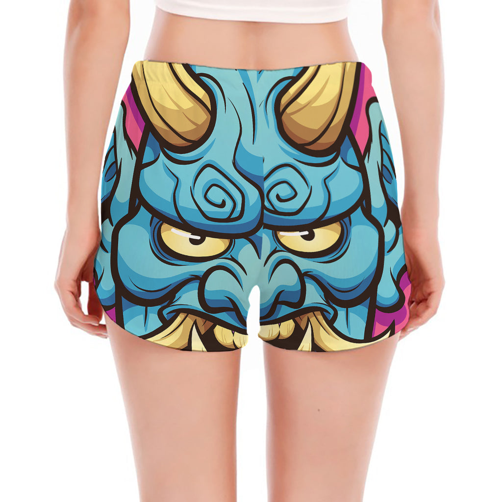 Blue Japanese Demon Print Women's Split Running Shorts