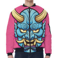 Blue Japanese Demon Print Zip Sleeve Bomber Jacket