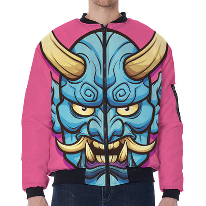 Blue Japanese Demon Print Zip Sleeve Bomber Jacket