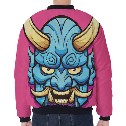 Blue Japanese Demon Print Zip Sleeve Bomber Jacket