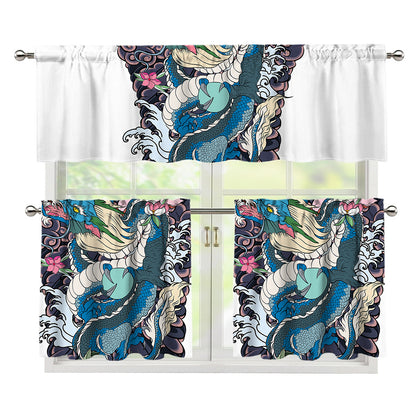 Blue Japanese Dragon Tattoo Print 3 Piece Kitchen Curtains