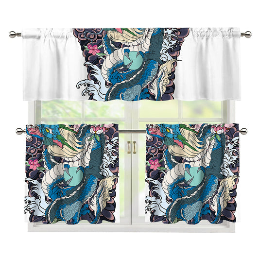 Blue Japanese Dragon Tattoo Print 3 Piece Kitchen Curtains