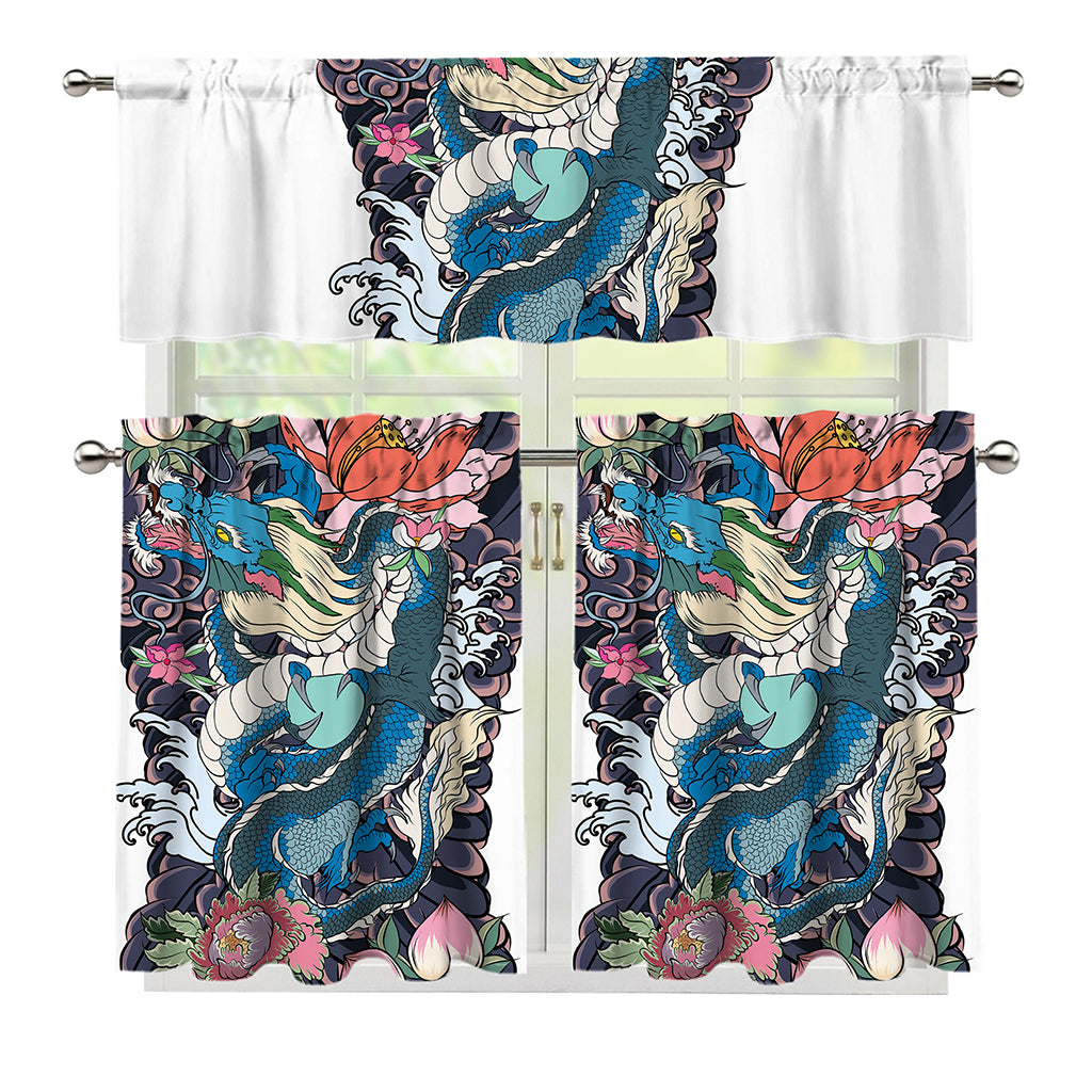 Blue Japanese Dragon Tattoo Print 3 Piece Kitchen Curtains