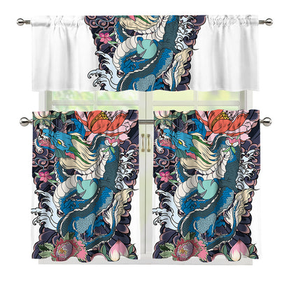 Blue Japanese Dragon Tattoo Print 3 Piece Kitchen Curtains