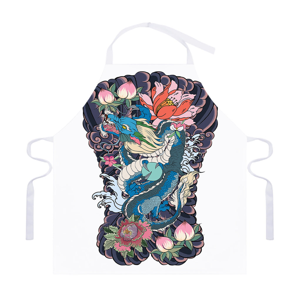 Blue Japanese Dragon Tattoo Print Adjustable Apron