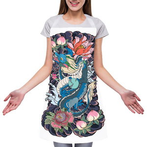 Blue Japanese Dragon Tattoo Print Adjustable Apron