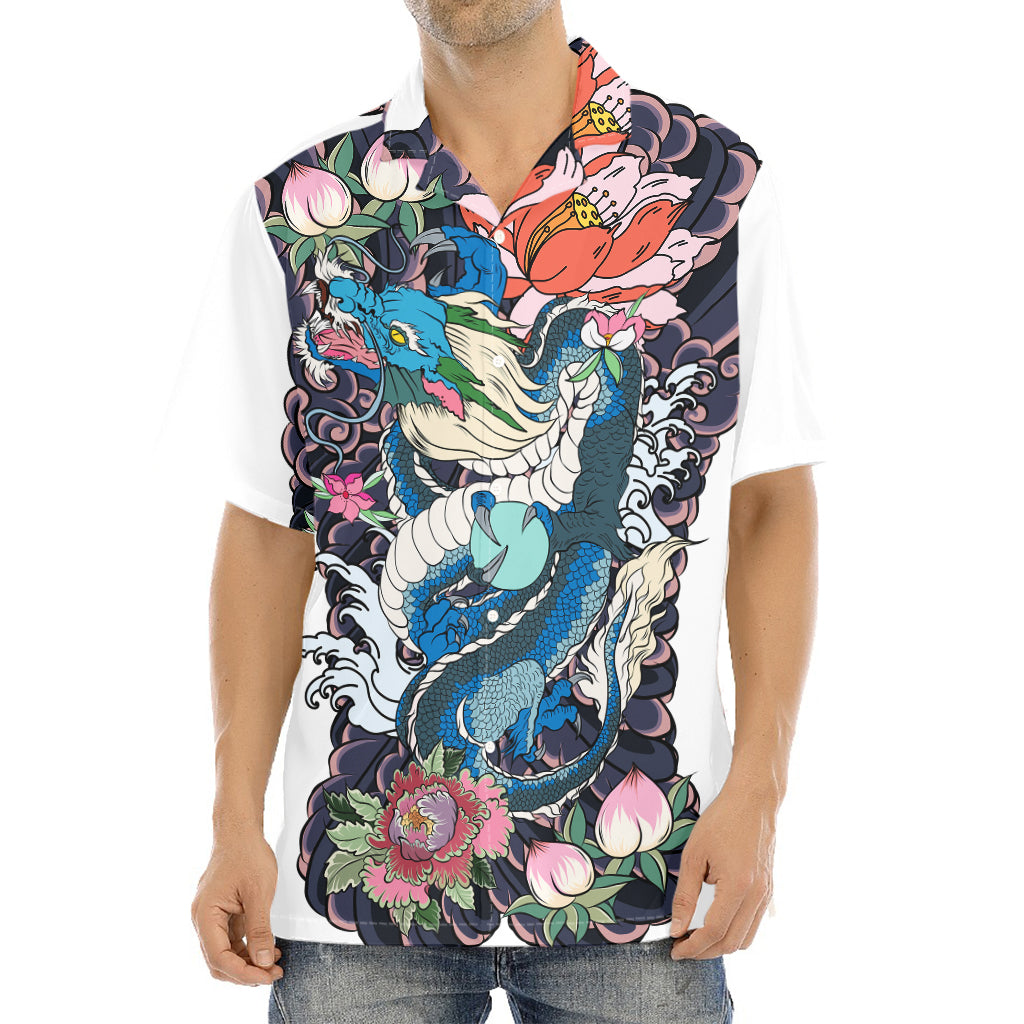 Blue Japanese Dragon Tattoo Print Aloha Shirt