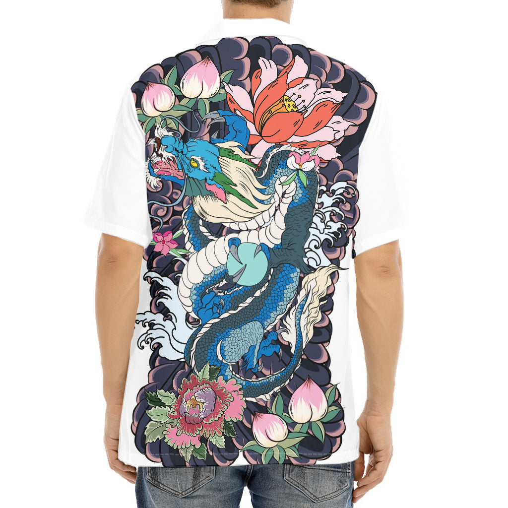 Blue Japanese Dragon Tattoo Print Aloha Shirt