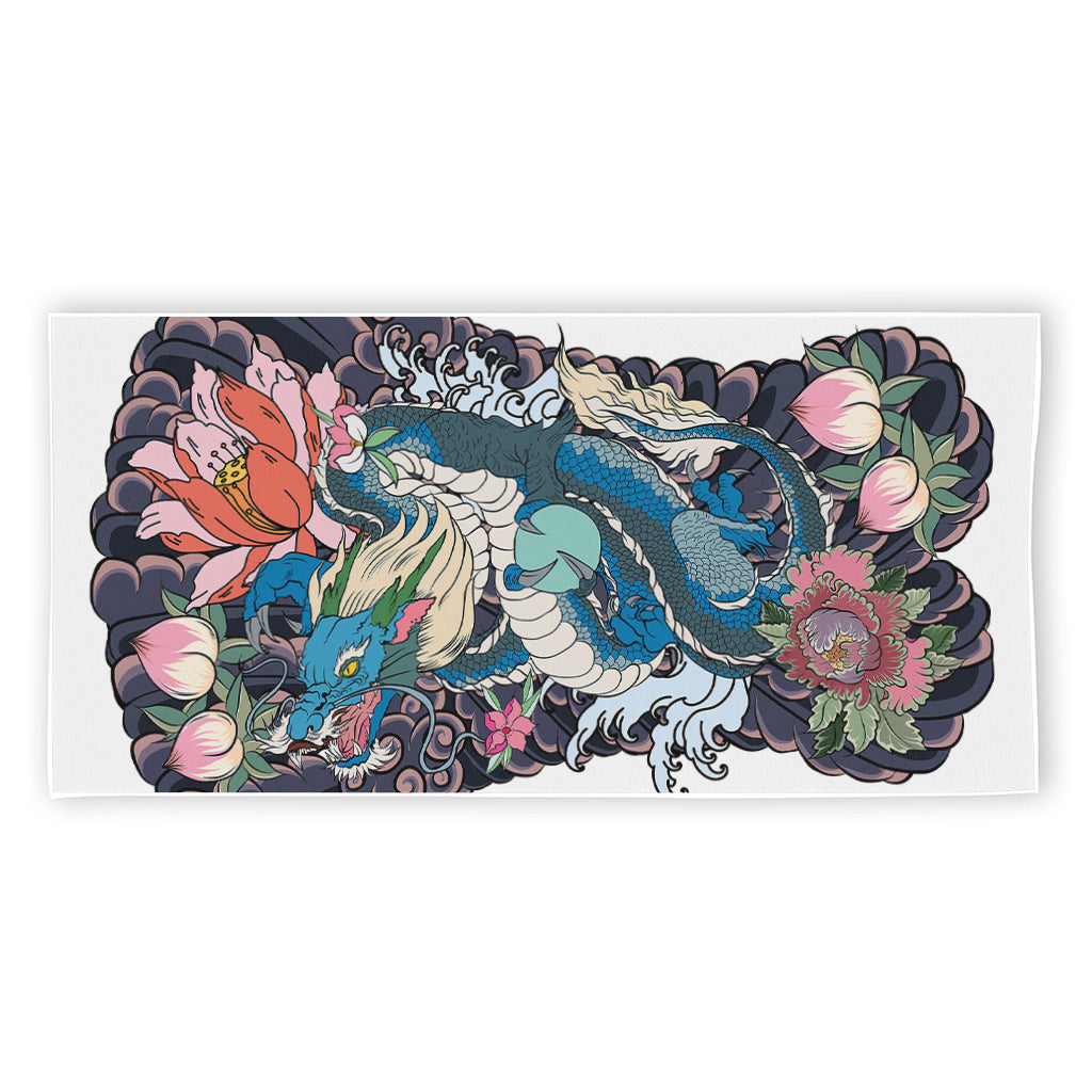 Blue Japanese Dragon Tattoo Print Beach Towel