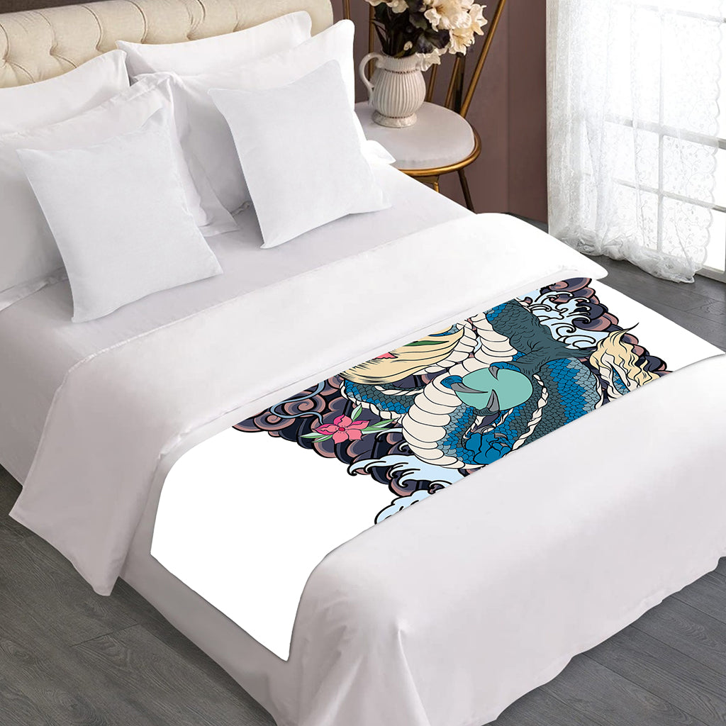 Blue Japanese Dragon Tattoo Print Bed Runner
