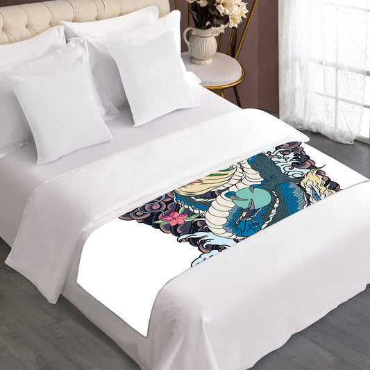 Blue Japanese Dragon Tattoo Print Bed Runner