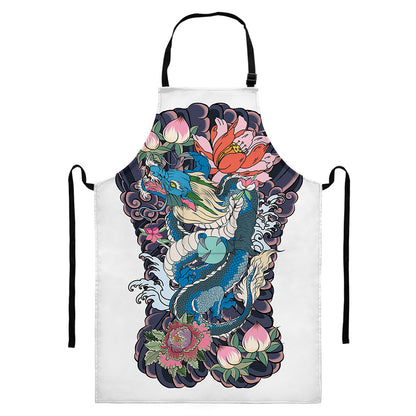 Blue Japanese Dragon Tattoo Print Bib Apron With Pocket