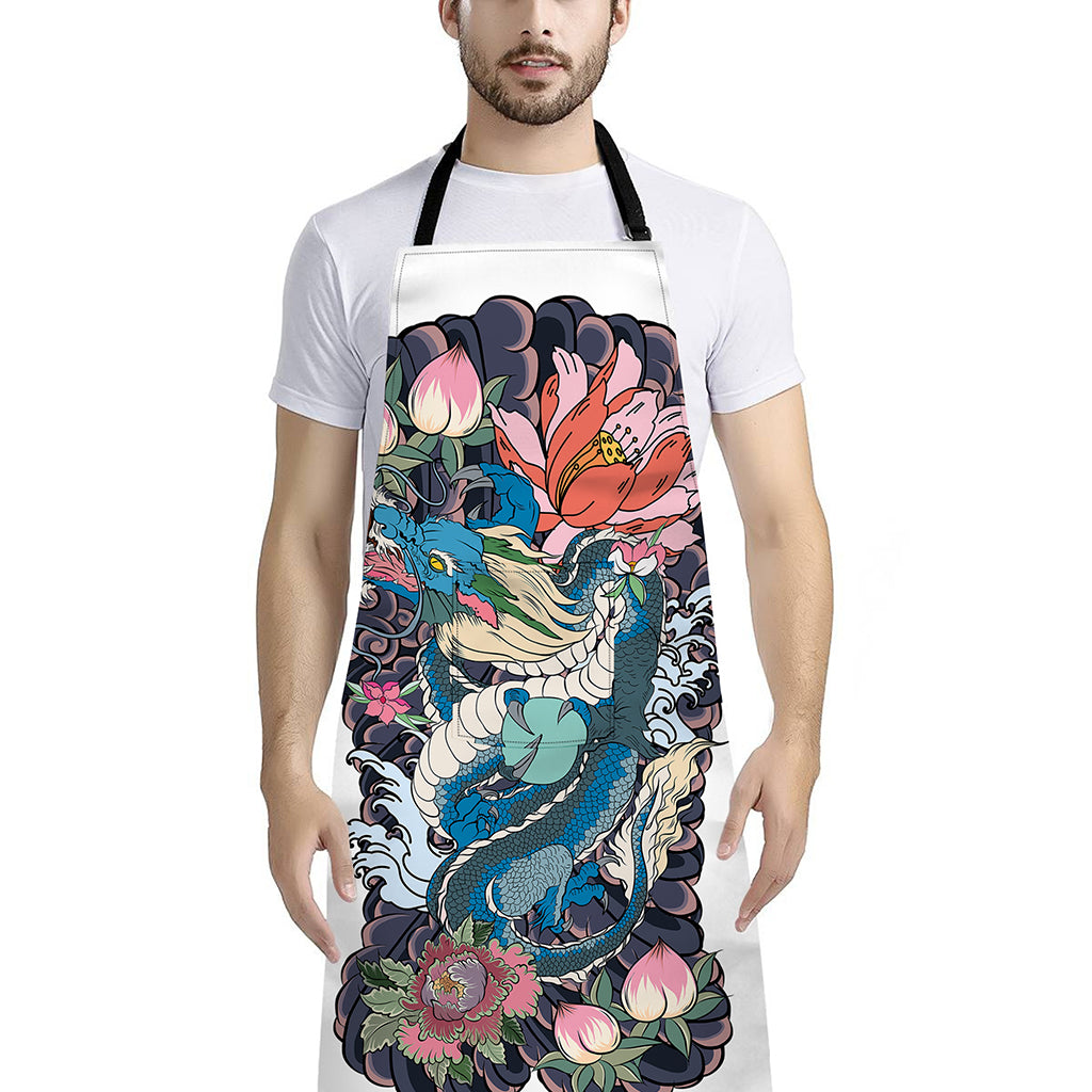 Blue Japanese Dragon Tattoo Print Bib Apron With Pocket