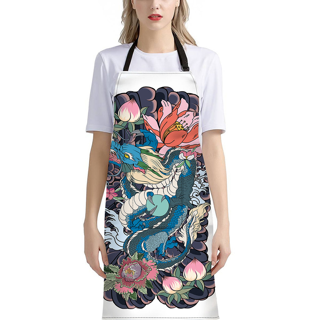 Blue Japanese Dragon Tattoo Print Bib Apron With Pocket