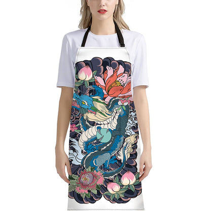 Blue Japanese Dragon Tattoo Print Bib Apron With Pocket