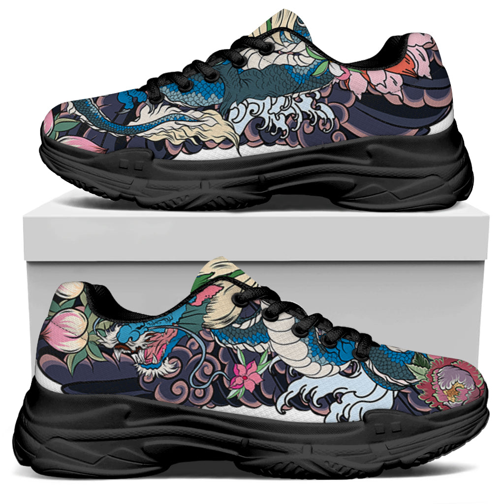 Blue Japanese Dragon Tattoo Print Black Chunky Shoes