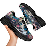 Blue Japanese Dragon Tattoo Print Black Chunky Shoes