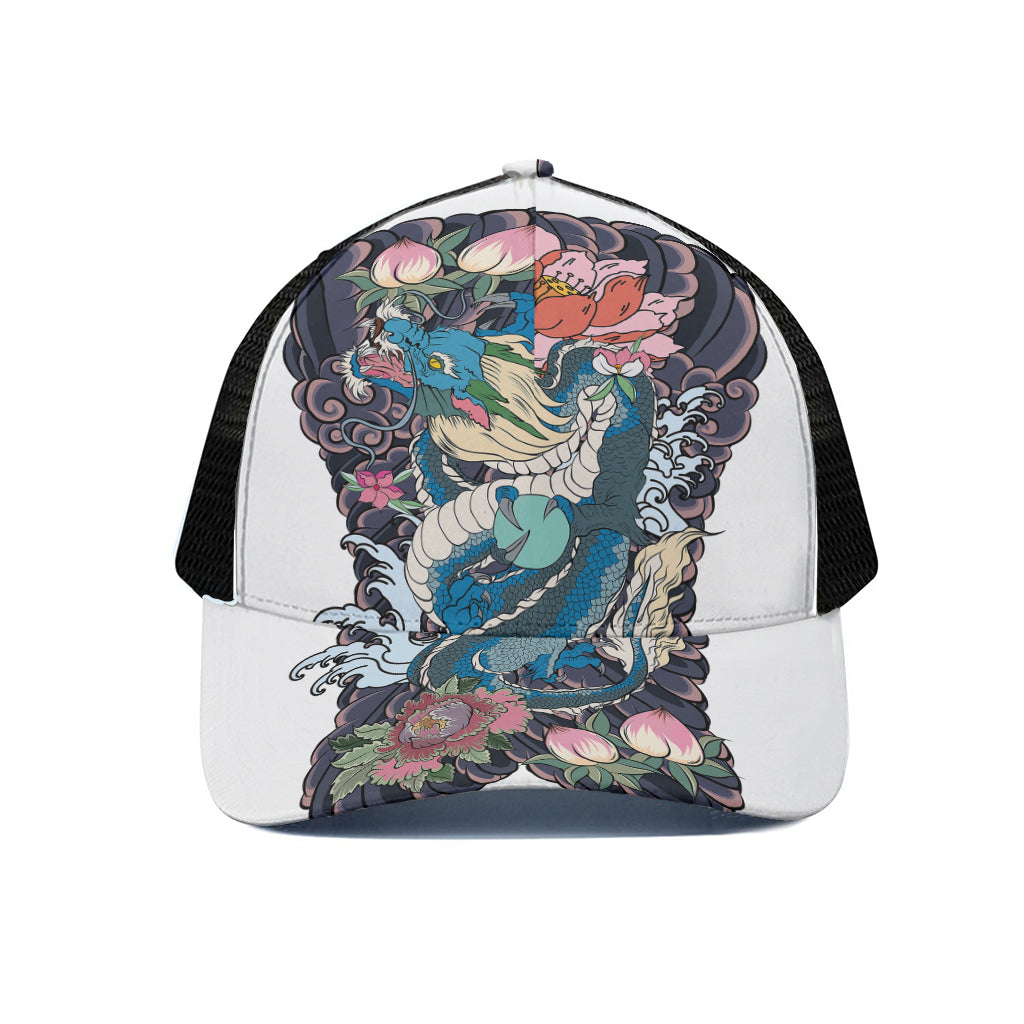 Blue Japanese Dragon Tattoo Print Black Mesh Trucker Cap