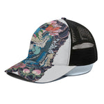 Blue Japanese Dragon Tattoo Print Black Mesh Trucker Cap