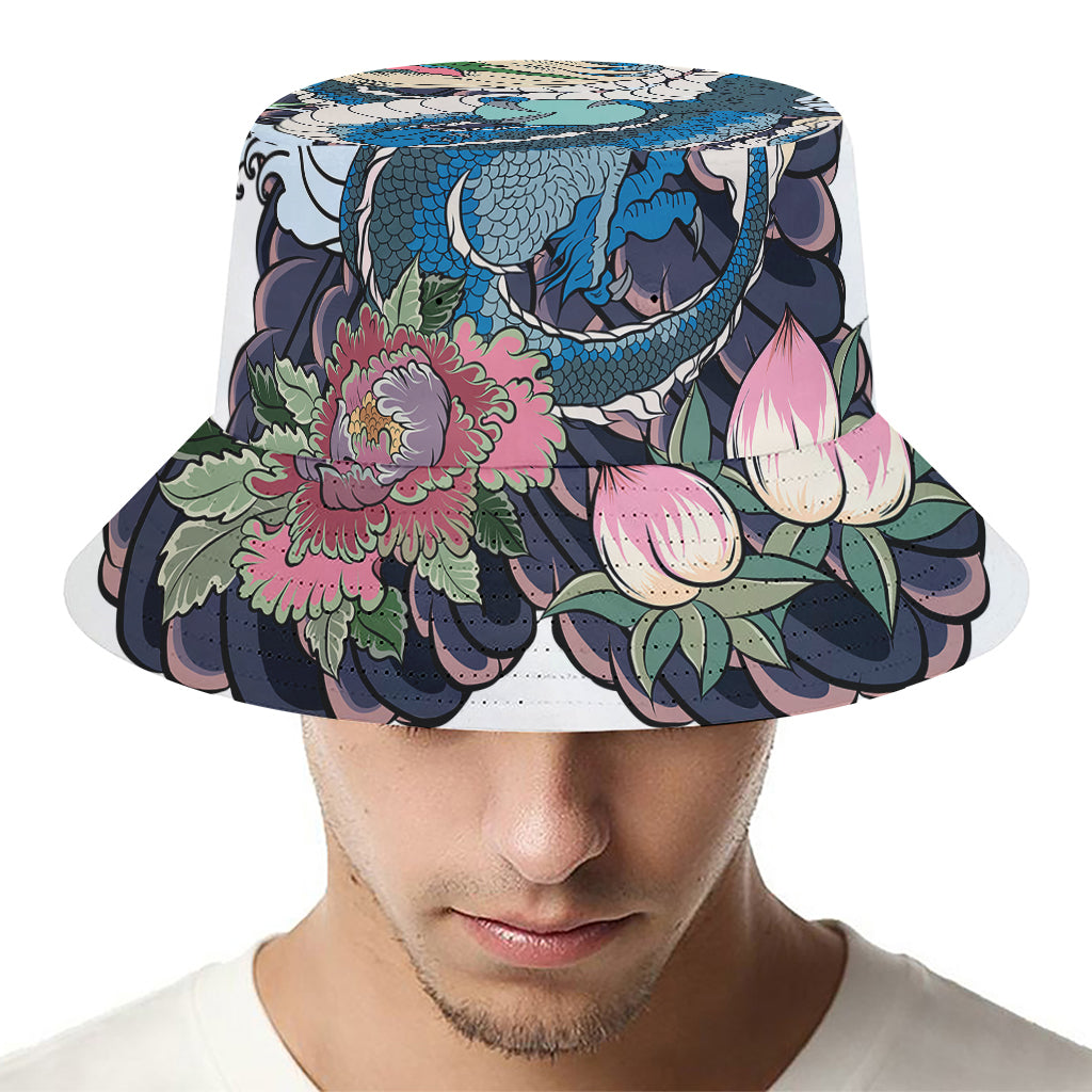 Blue Japanese Dragon Tattoo Print Bucket Hat