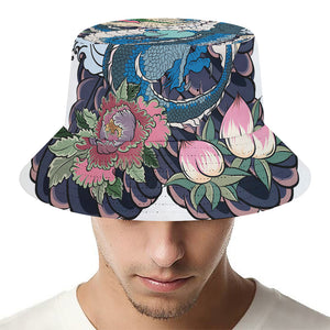 Blue Japanese Dragon Tattoo Print Bucket Hat