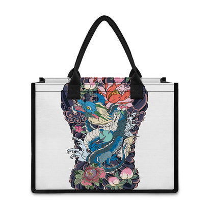 Blue Japanese Dragon Tattoo Print Canvas Tote Bag