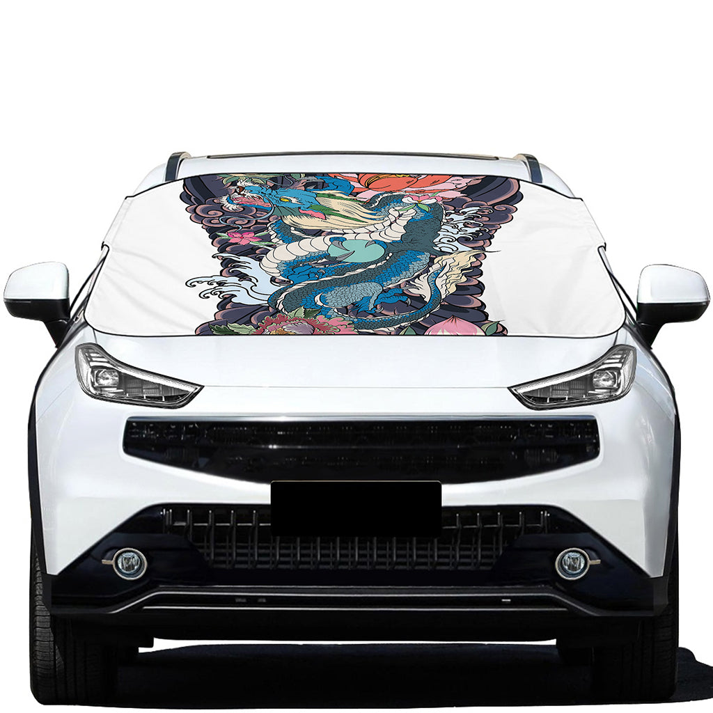 Blue Japanese Dragon Tattoo Print Car Windshield Snow Cover