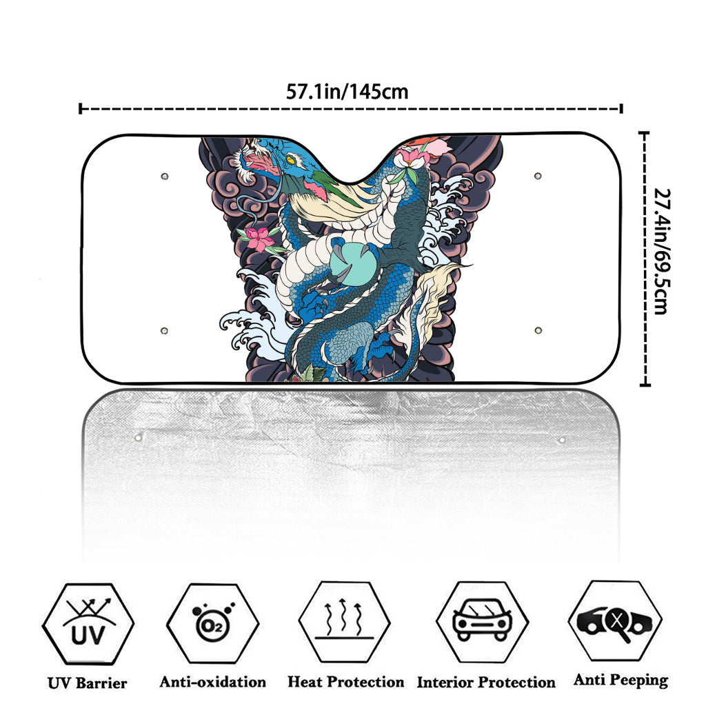 Blue Japanese Dragon Tattoo Print Car Windshield Sun Shade