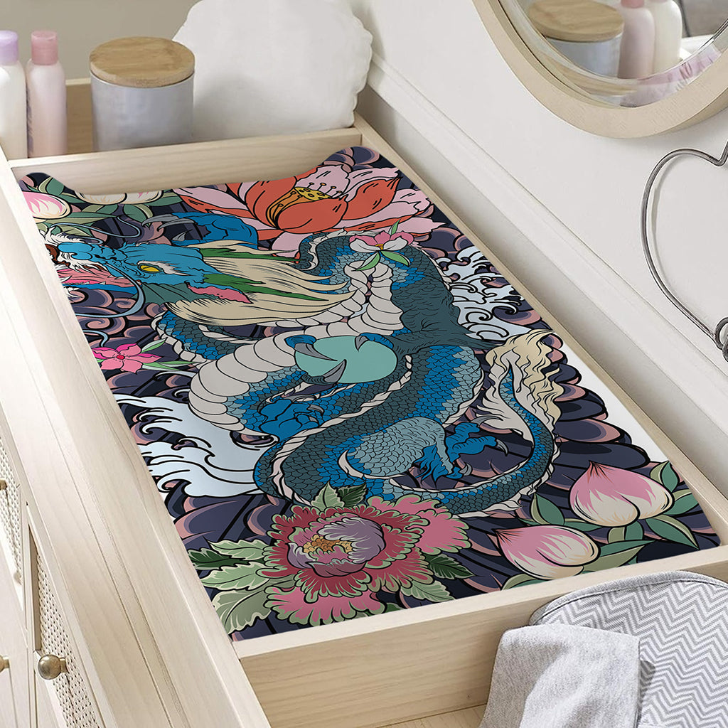 Blue Japanese Dragon Tattoo Print Changing Pad Cover