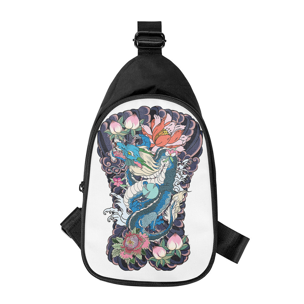 Blue Japanese Dragon Tattoo Print Chest Bag