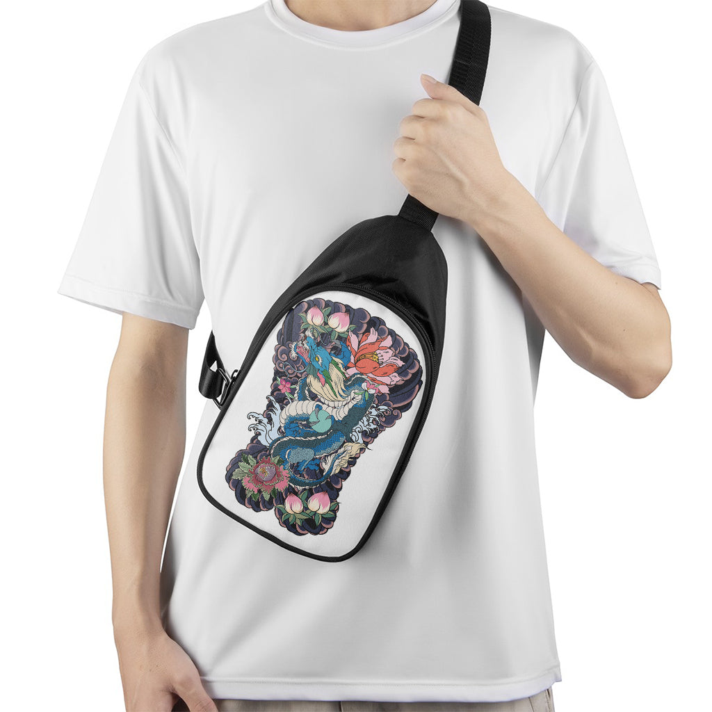 Blue Japanese Dragon Tattoo Print Chest Bag