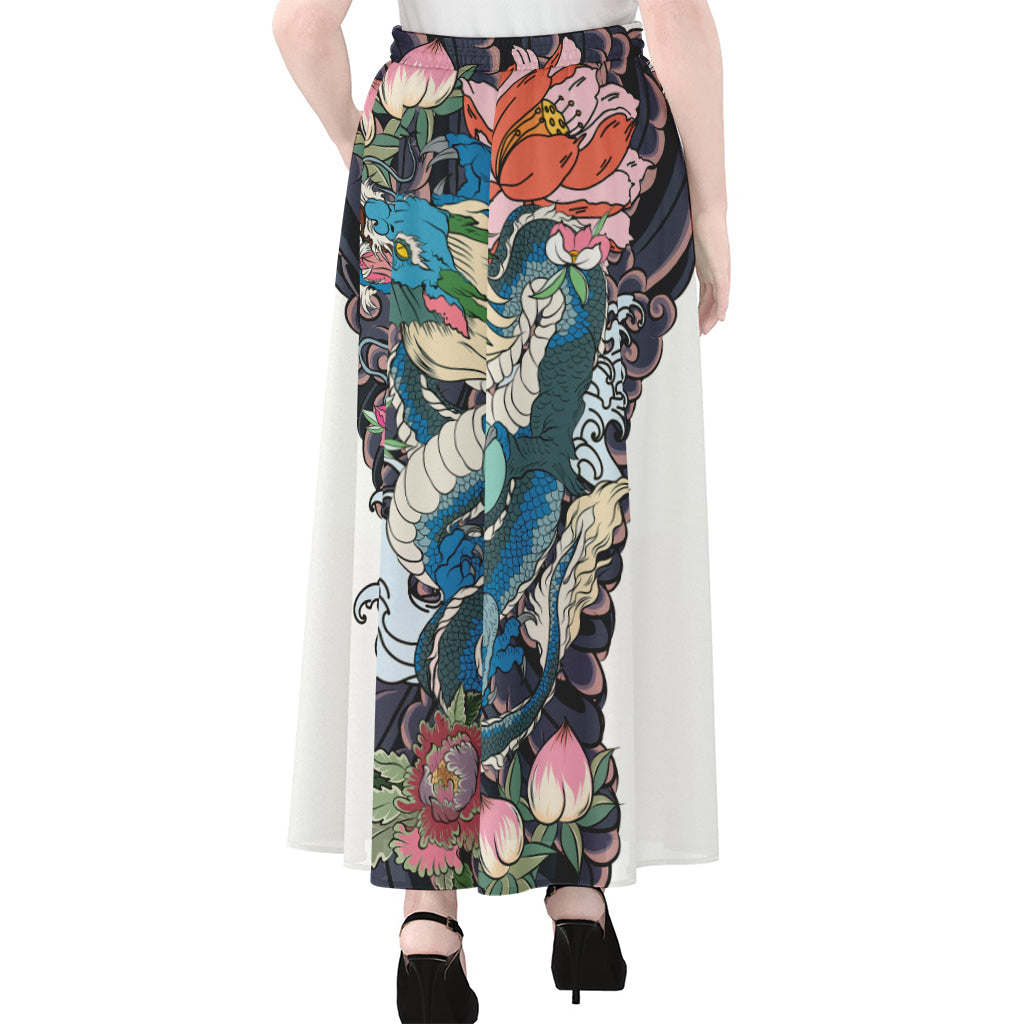 Blue Japanese Dragon Tattoo Print Chiffon Maxi Skirt