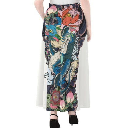 Blue Japanese Dragon Tattoo Print Chiffon Maxi Skirt