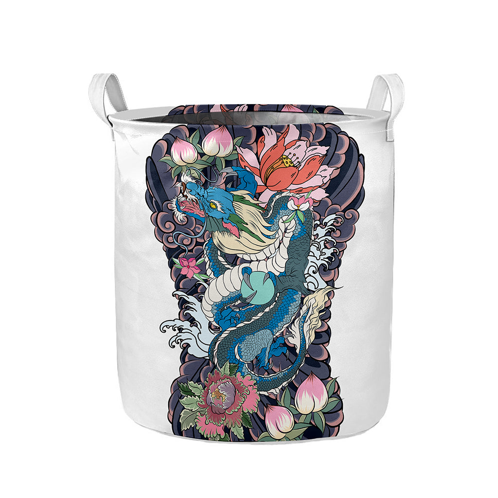 Blue Japanese Dragon Tattoo Print Collapsible Laundry Basket
