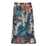 Blue Japanese Dragon Tattoo Print Cotton Front Slit Maxi Skirt