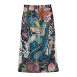 Blue Japanese Dragon Tattoo Print Cotton Front Slit Maxi Skirt
