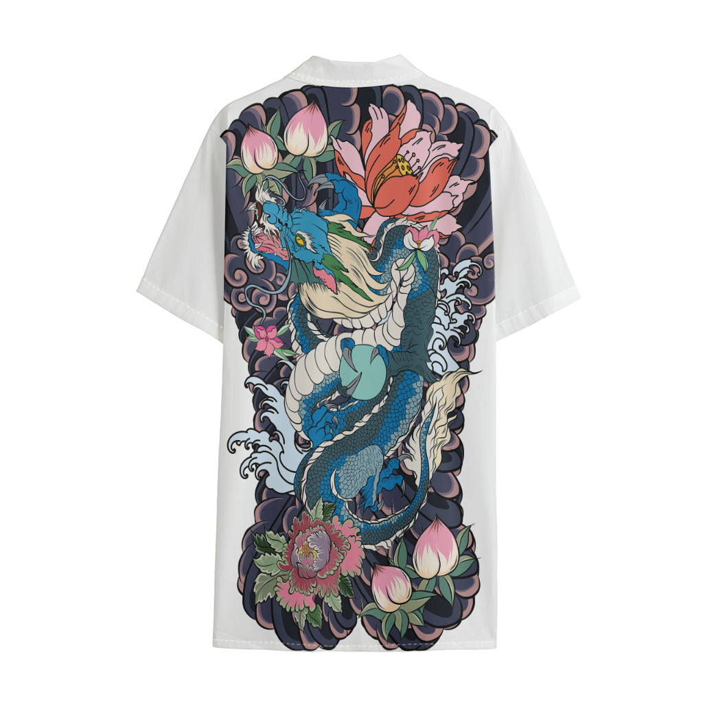 Blue Japanese Dragon Tattoo Print Cotton Hawaiian Shirt